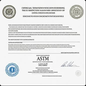 Murakkab texnik emblemalar va imzolar tushirilgan rasmiy ASTM xalqaro muhandislik sertifikati.