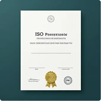 Rasmiy muhr va shtamplar bilan premium teksturali qog‘ozdagi minimalist professional ISO sertifikati.